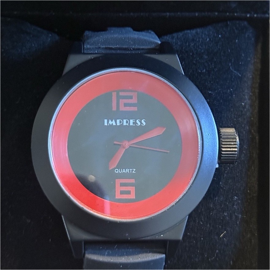 IMPRESS Quartz Wristwatch Black Red Analog Rubber Band Casual w/ Original Box