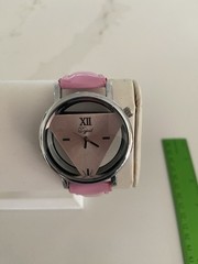 Pink Skeleton Triangle Quartz Thin Leather Strap Wrist Watch Working Great Look