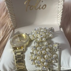 Gold Watch with Silver Pearl and Diamond Bracelets