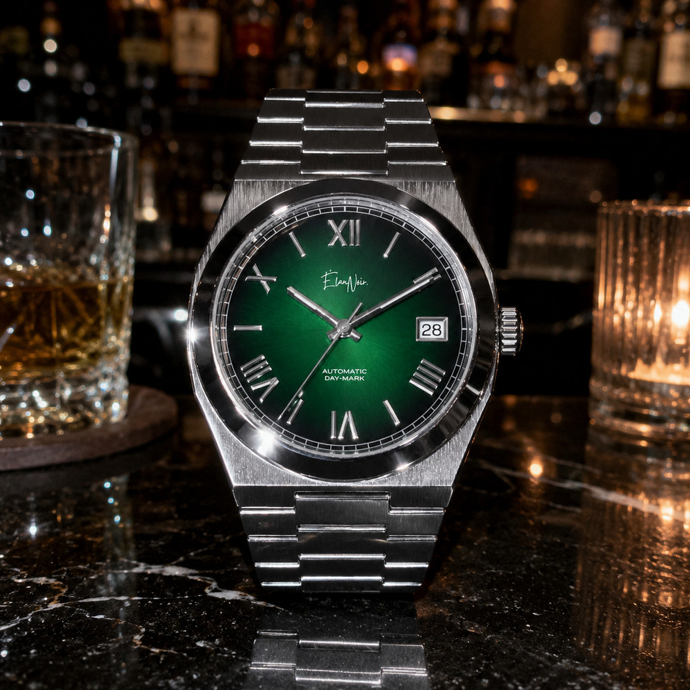Custom Élan Noir Série I Silver/Emerald 39mm Auto NH35 Sapphire Steel Watch