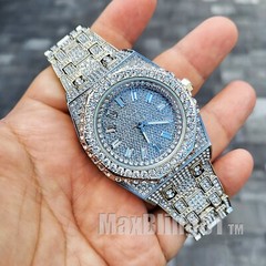 Men Silver Plated Stainless Steel Luxury Simulated Diamond Full Iced Band Watch