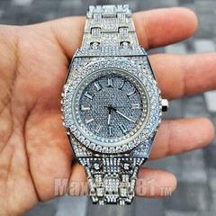 Men Silver Plated Stainless Steel Luxury Simulated Diamond Full Iced Band Watch