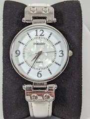 Embassy Womans White Pearlized Dial Silvertone Round Case White Band Watch 7.5in