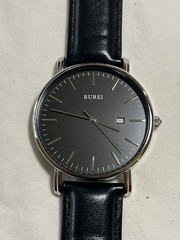 BUREI Men’s Quartz Watch, Date, Gray Dial, Silver Case, Black Leather Strap