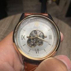 Relic Automatic Skeleton Dial Watch 42mm 50m Silver Dial Brown Leather Strap