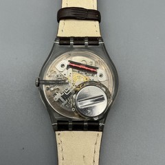 Swatch Womens Watch 31mm Blue Dial Clear Case Brown Leather Date New Battery