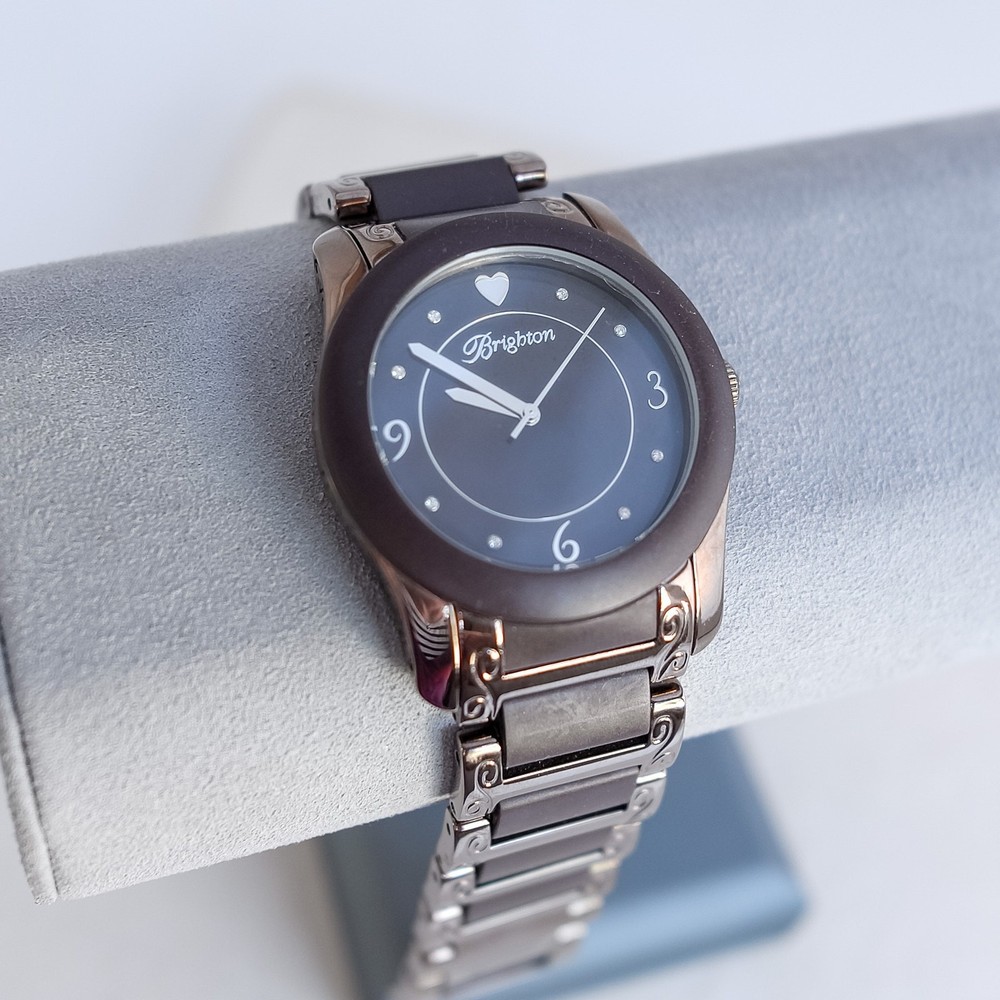 Brighton Brooklyn Quartz Watch Bronze Rubber Etched Swirl Bezel Fold Over Clasp