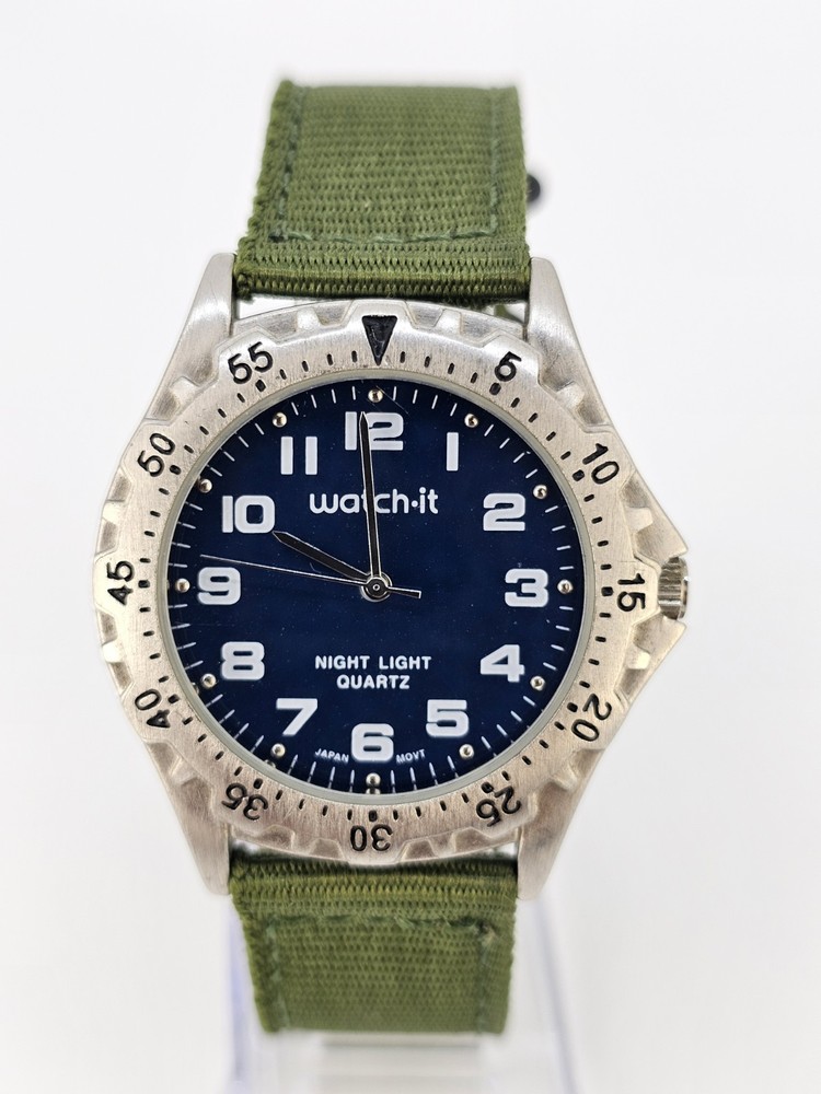 Men’s Watch Analog 40MM Blue Dial NEW Army Green Nylon Bands New Battery READ
