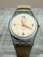 Swatch Rare 25mm Quartz Translucent Blue Floral Textile Strap Watch Swiss