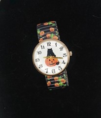 Vintage Halloween Watch Black Cat & Pumpkin Dial Quartz Stretch Band Japan Movt