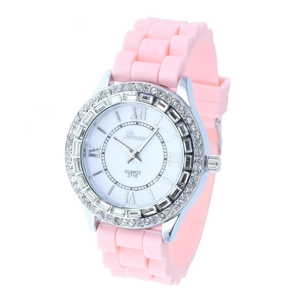 Geneva Silver Chronograph Style Iced Bezel Pink Silicone Band New Battery