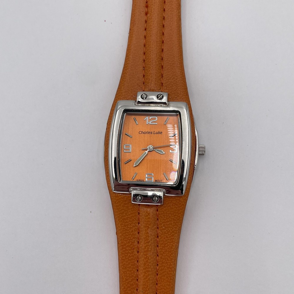 Charles Luke Tonneau Watch Orange Dial Japan Movt Stainless Back No.1029 Strap