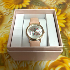 Women’s Analog Elephant Dial Wristwatch Pink Leather Strap Gold Case w/ Box