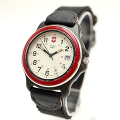 Vintage Swiss Army Watch 38mm Red Bezel Date Watch Leather Canvas New Battery