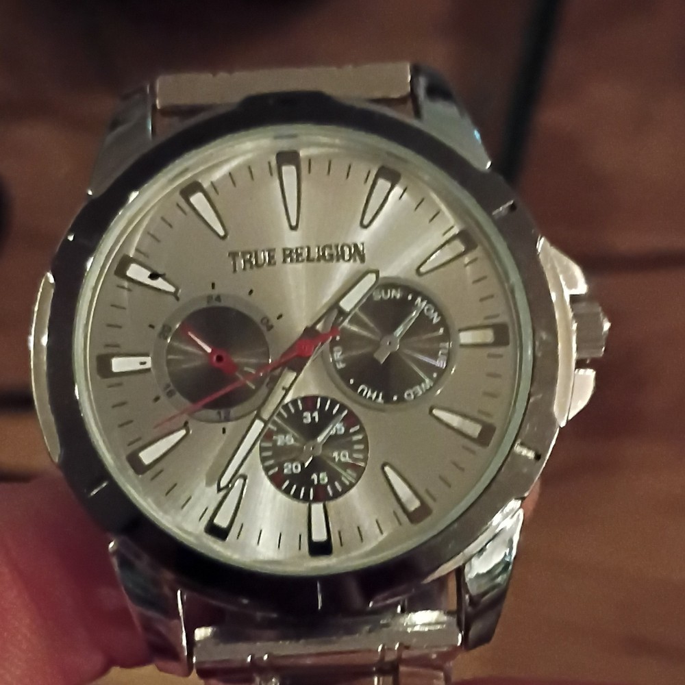 True Religion Men’s Quartz Chronograph Silver Dial SS Bracelet Day/Date