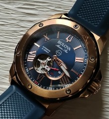 Bulova Marine Star 98A227 Automatic 21 Jewels Mens Watch Rose Gold Navy