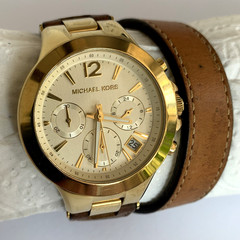 MICHAEL KORS LEATHER DOUBLE WRAP PEYTON CHRONOGRAPH WATCH GOLD TONE DATE EUC