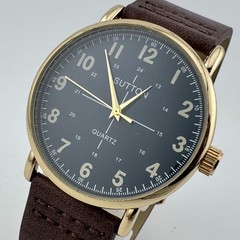 Sutton Quartz Watch Men 40mm Gold Tone Black Military Dial Analog New Battery