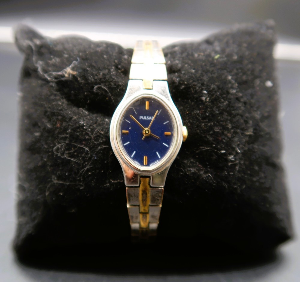 Vtg Pulsar Silver and Gold Tone Blue Face Womens Wrist Watch