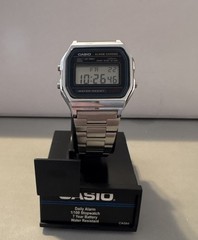 Casio A158W Quartz Digital Alarm Chronograph Day/Date Steel Bracelet Box