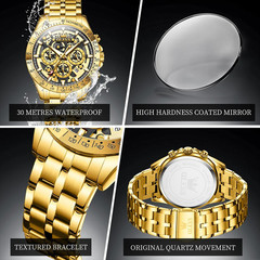 OLEVS Gold Skeleton Men’s Quartz Watch Stainless Steel Waterproof Luminous