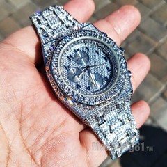 Men Silver Plated Stainless Steel Arabic Simulated Diamond Full Iced Band Watch