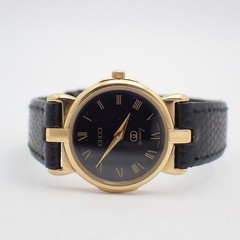 Used Gucci 3400FL Quartz Ladies Watch Gold GP Black Dial Leather Strap Ioki
