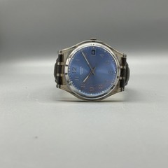 Swatch Womens Watch 31mm Blue Dial Clear Case Brown Leather Date New Battery