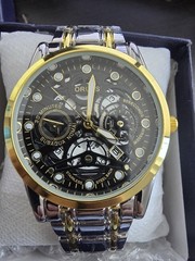 ORUSS 1853 Men’s Skeleton Style Quartz Watch Two Tone Stainless Steel w/Box Tool
