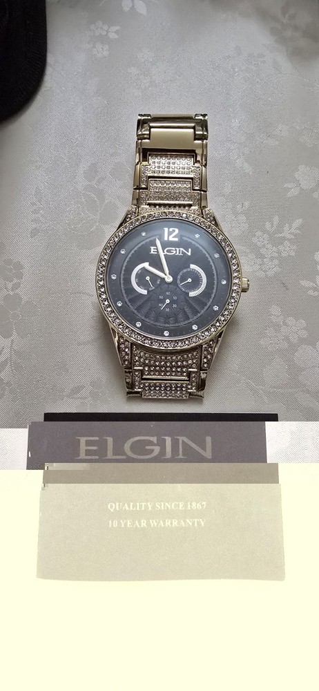 Elgin Men’s Gold-Tone 295 Crystals Black Dial Watch – FG160030G