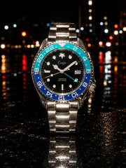 Custom Élan Noir Tempesta Exhibition GMT Watch 41mm Steel Silver/Black/Blue NH35