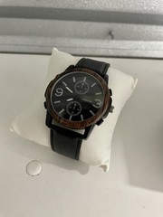 Geneva – Battery Powered Wrist Watch – Wood Textured Case – Black Leather Strap