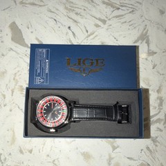 LIGE Men’s Analog Wristwatch Black Leather Band Round Black Red Green Bezel