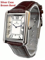 Pablo Raez Men’s Rectangular Silver Dress Watch Brown Leather Roman Date Quartz