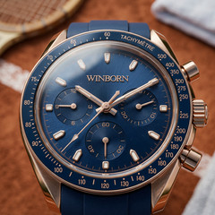 Winborn Blue Dial Chronograph Style Watch Rose Gold Tone Rubber Strap