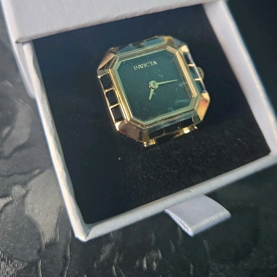 49584 Invicta Mini Angel Ring Watch Gold Tone Black Dial Gem Set Bezel 21.5mm