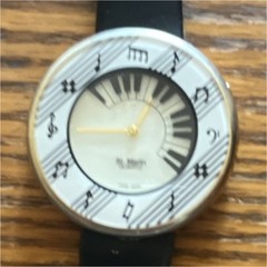 St. Marin Music Watch Quartz Musical Note Indices Black Leather Band Silver/Go…