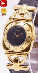 🎦New Batt! [Exc+5] GUCCI 6300L Hoursebit Black Gold Quartz Women’s Watch JAPAN