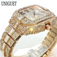 Men’s Luxury Iced Diamond Watch Rose Gold Square Quartz Waterproof Wristwatch