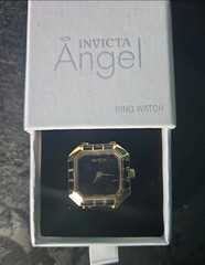 49584 Invicta Mini Angel Ring Watch Gold Tone Black Dial Gem Set Bezel 21.5mm