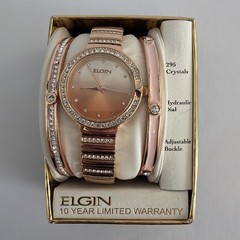 Elgin Womens Watch 32mm Ombre Rose Gold Tone Crystal Bezel 7.75″ Bracelet Set