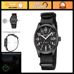 Men’s Nylon Slip-Thru Strap Watch, Military Time, Easy Read Dial, Glowing Hands