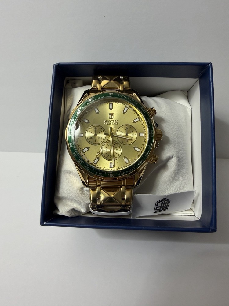 Montres Prestige Men’s Chronograph Quartz Watch Green Tachymeter Bezel w/ Box