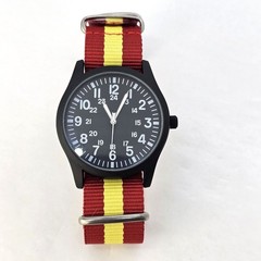 Men’s Field Watch 42MM Black Dial Case Red Yellow Canvas Band Strap New Battery