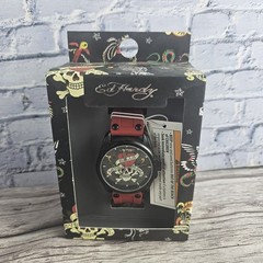 New Ed Hardy Men’s Skull Red Silicone Strap Watch Skull Love Kills NEEDS BATTERY