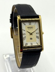 Vintage Refurbished Seiko Rectangular White Dial Black Faux Leather Strap