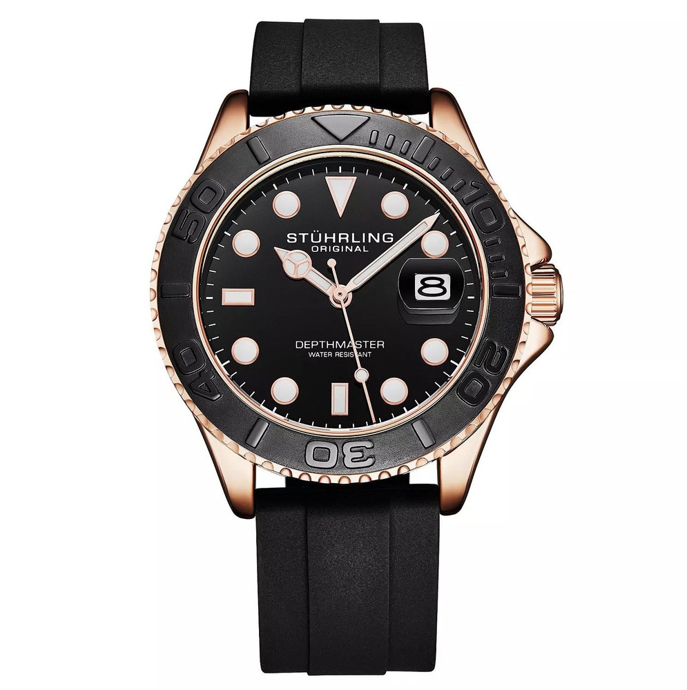 Stuhrling 4072 5 Depthmaster Date Rose Gold Accents Silicone Strap Mens Watch