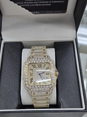 Moissanite Watch, St.Steel Case & Band Full Gold IP Color Buckle,Brand New w/Box