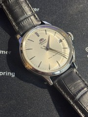 Orient Bambino Automatic Silver Dial Black Leather Date Watch w/ Box Papers