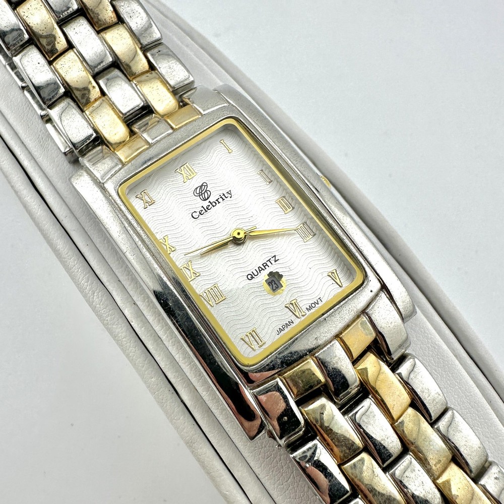 Celebrity Quartz Watch Rectangular Tank Two-Tone Roman Numeral Date Japan Movt